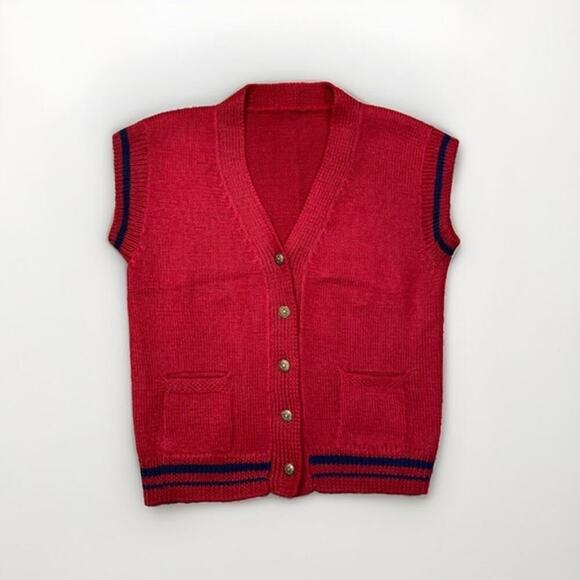 Womens Vintage Preppy V Neck Wool Vest Red Navy Stripe Gold Button L - Picture 2 of 7